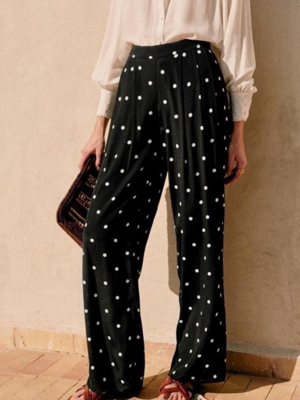 Sezane Black Wide-Leg Polka Dot Pants